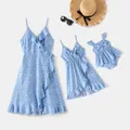 All Over Dots Print Blue Sleeveless Spaghetti Strap V Neck Ruffle Wrap Dress for Mom and Me  image 1