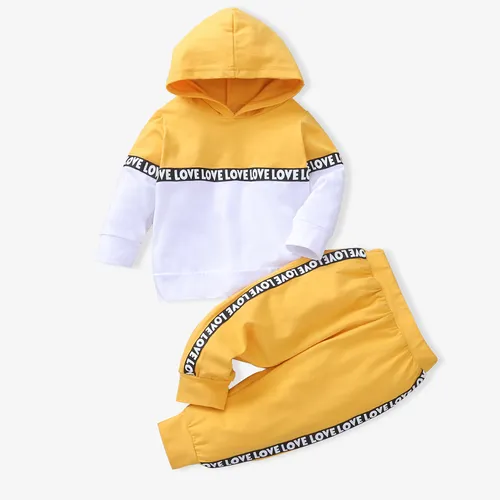 2pcs Letter Print Splice Color Block Hooded Long-sleeve Baby Set