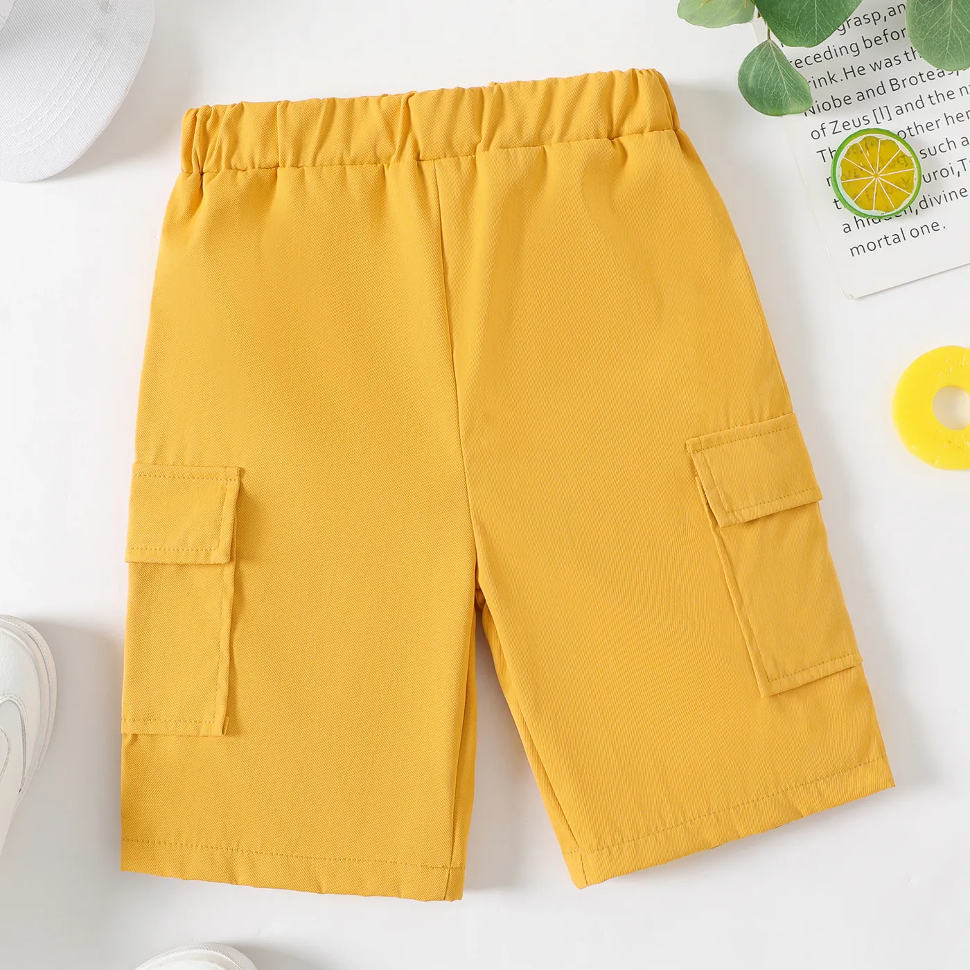 Kid Boy Solid Color Pocket Design Elasticized Shorts Yellow image 2