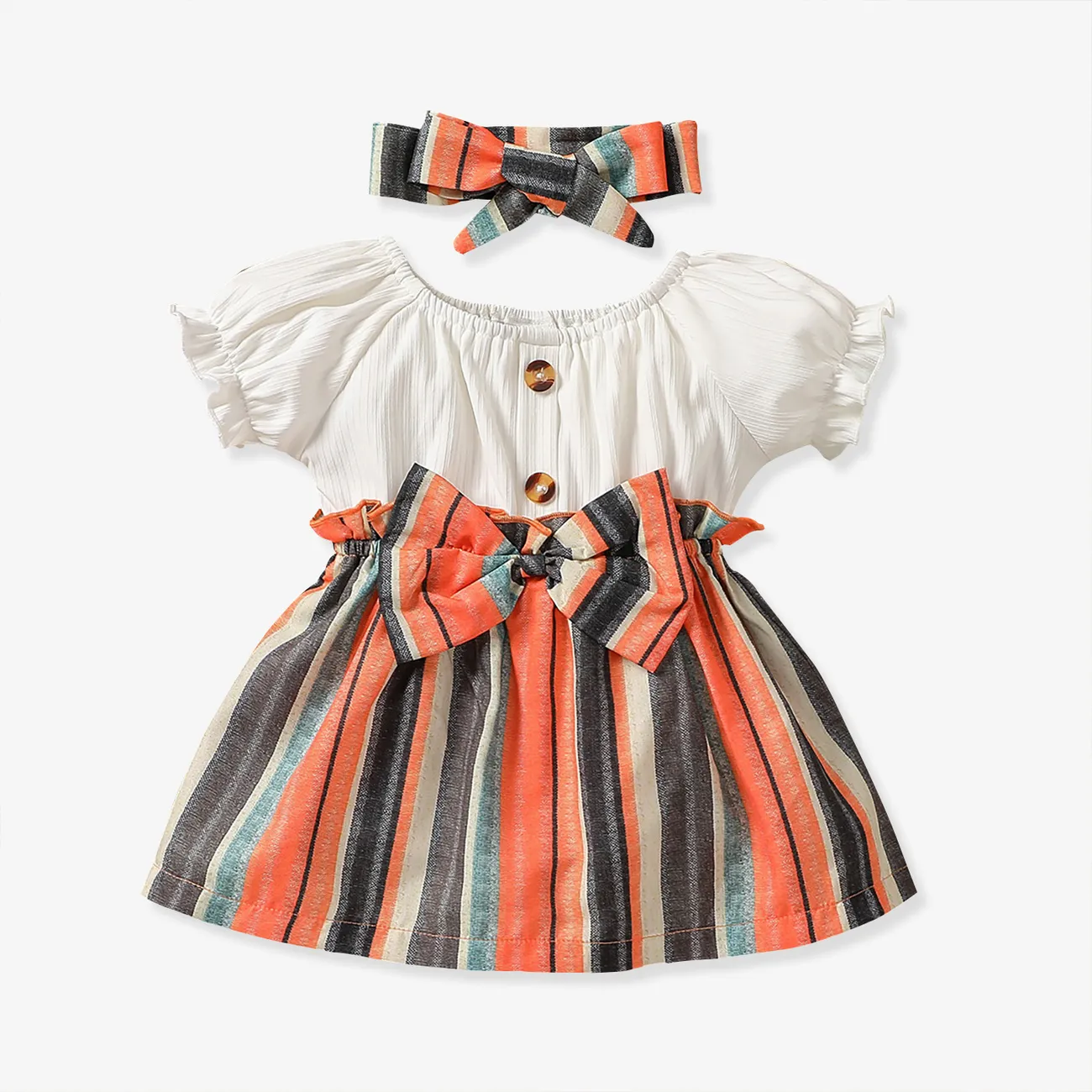 2pcs Baby Girl White Ribbed Splicing Striped Bowknot Frill Puff-sleeve Dress with Headband Set Color block big image 1