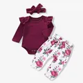3pcs Baby Girl 95% Cotton Ruffle Long-sleeve Romper and Floral Print Pants with Headband Set  image 1