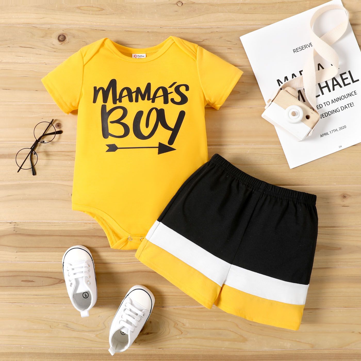 

2pcs Baby Boy Letter Print Romper and Colorblock Shorts Set