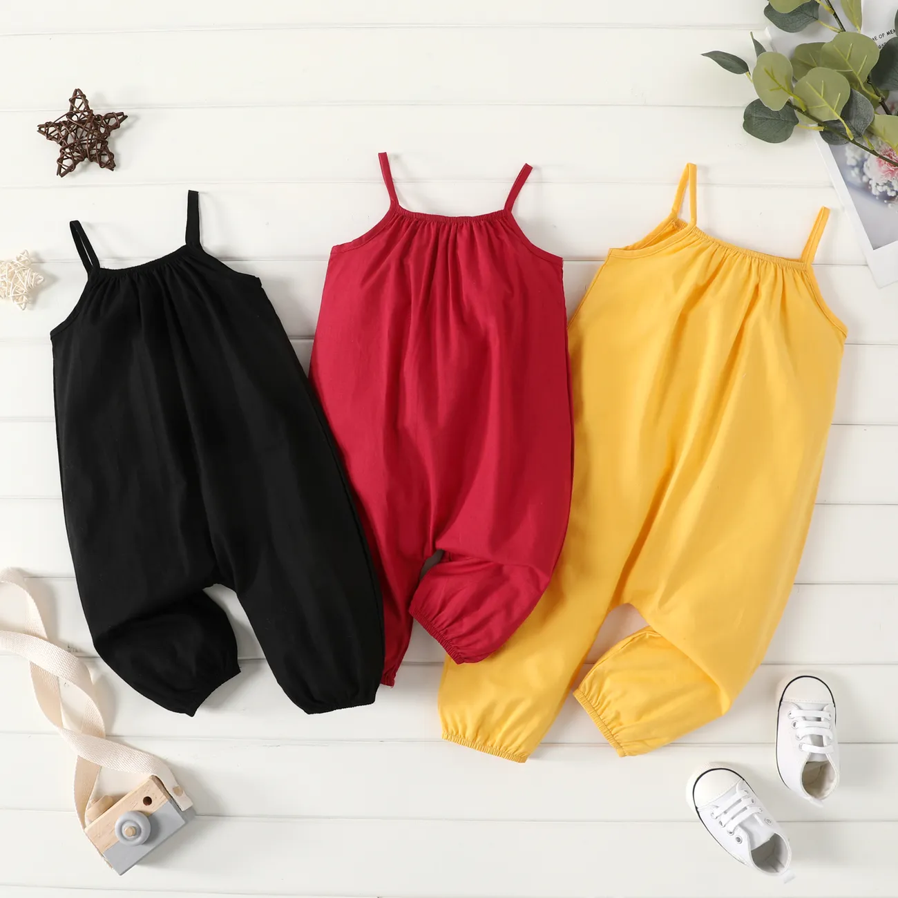 100% Cotton Baby Girl Loose-fit Solid Sleeveless Spaghetti Strap Harem Pants Overalls Black big image 1