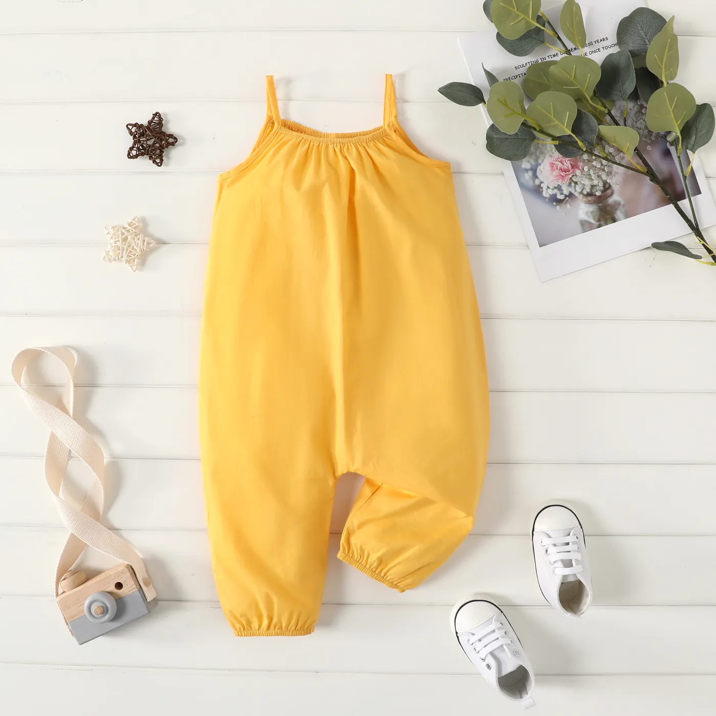 100% Cotton Baby Girl Loose-fit Solid Sleeveless Spaghetti Strap Harem Pants Overalls Yellow