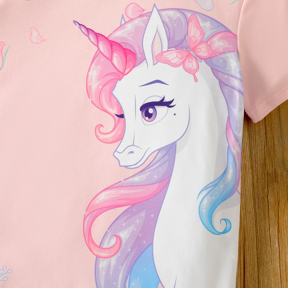 Kid Girl Unicorn Print Short-sleeve Light Pink Dress  big image 2