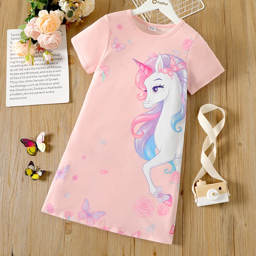 Kid Girl Unicorn Print Short-sleeve Light Pink Dress  big image 1