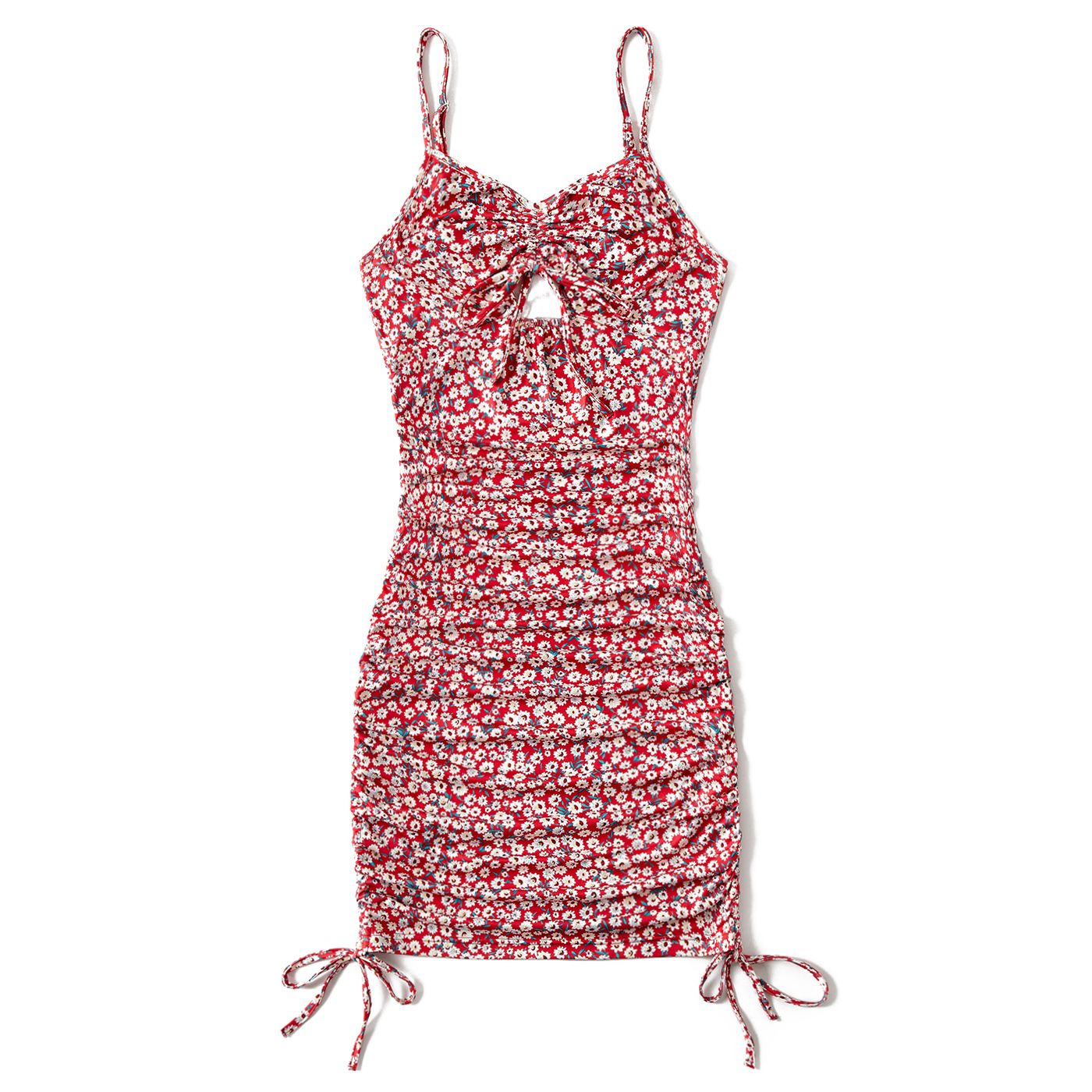 All Over Red Floral Print Spaghetti Strap Drawstring Ruched Bodycon Dress For Mom And Me
