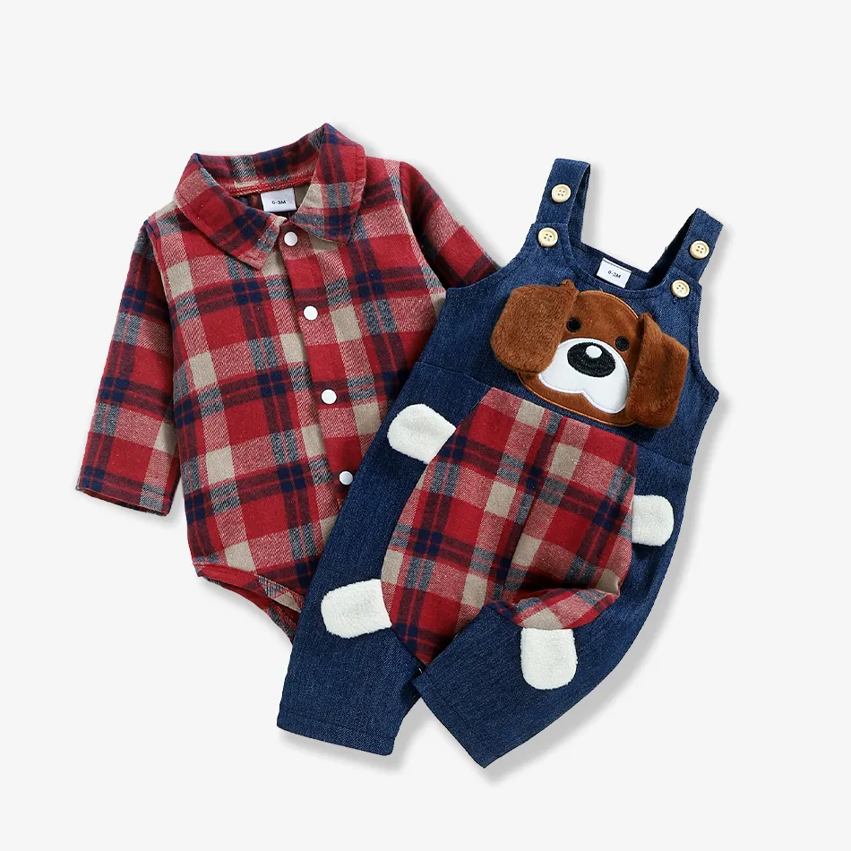 2pcs Baby Red Plaid Long-sleeve Shirt Romper and 100% Cotton Denim Overalls Set Red big image 1