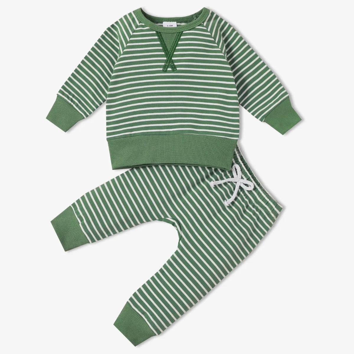 2pcs Baby 95% Cotton Long-sleeve All Over Striped Pullover and Trousers Set Mint Green big image 1