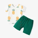 2pcs Baby Boy 95% Cotton Short-sleeve Pineapple Print Tee and Solid Shorts Set Dark Green