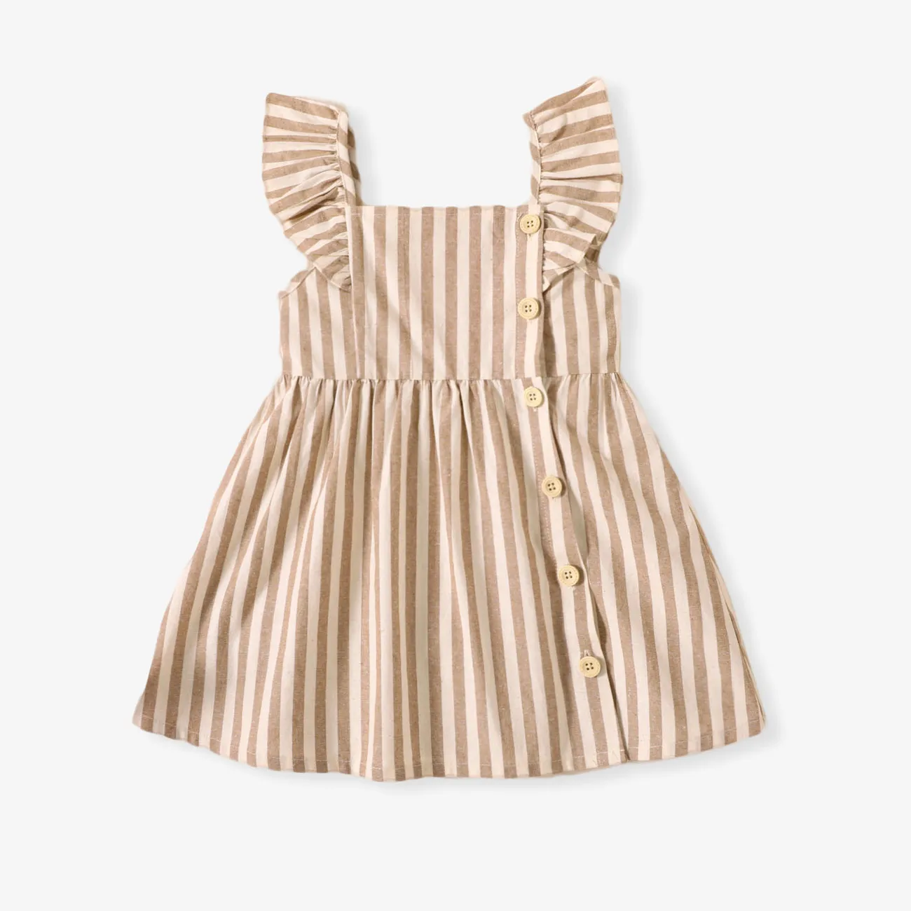 Toddler Girl Button Design Solid Color/Floral Print/Stripe Ruffled Strap Dress Khaki big image 1