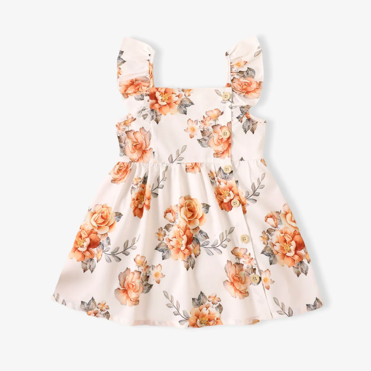 Toddler Girl Button Design Solid Color/Floral Print/Stripe Ruffled Strap Dress White big image 1