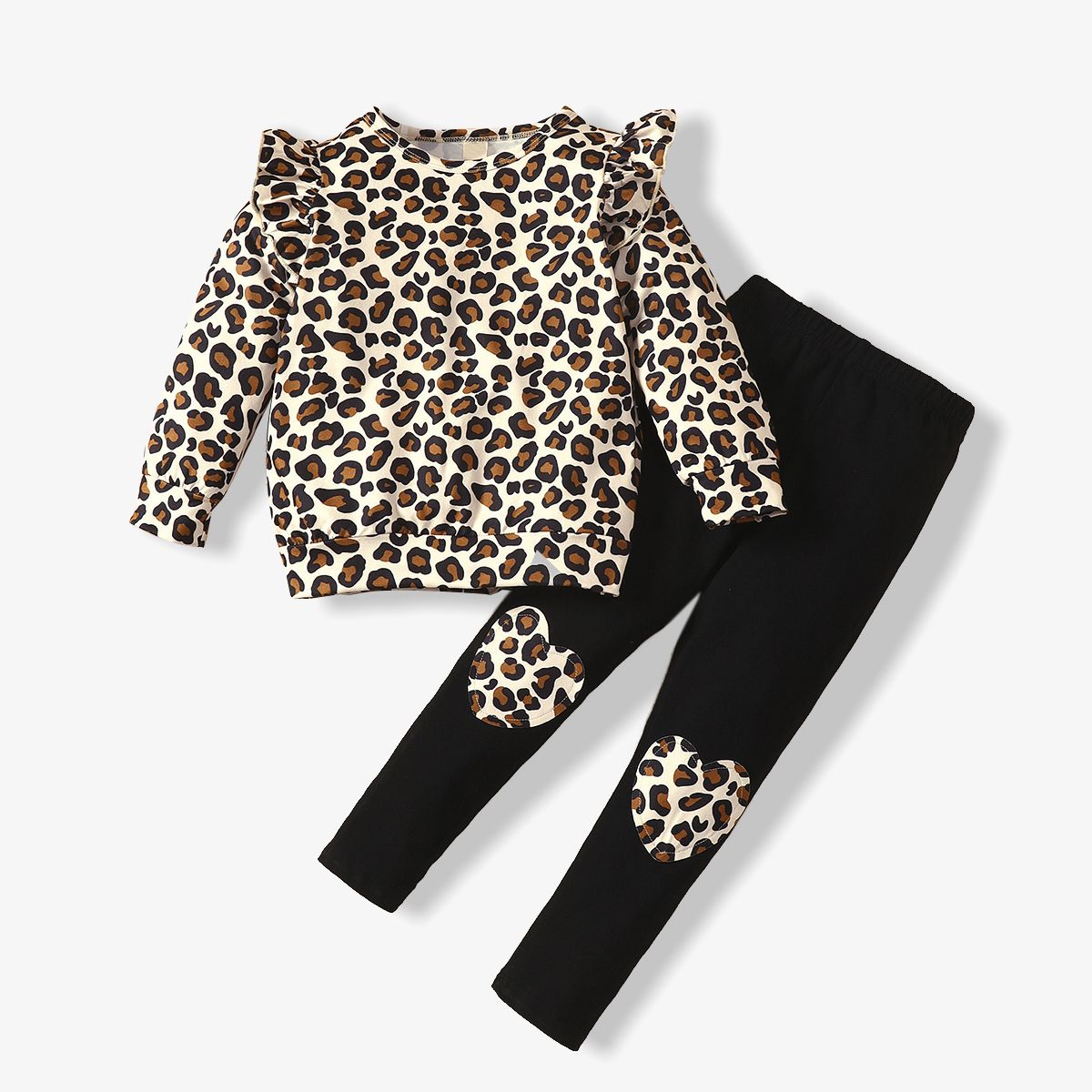 2-piece Toddler Girl Leopard Print Flutter Long-sleeve Top And Heart Pattern Pants Set