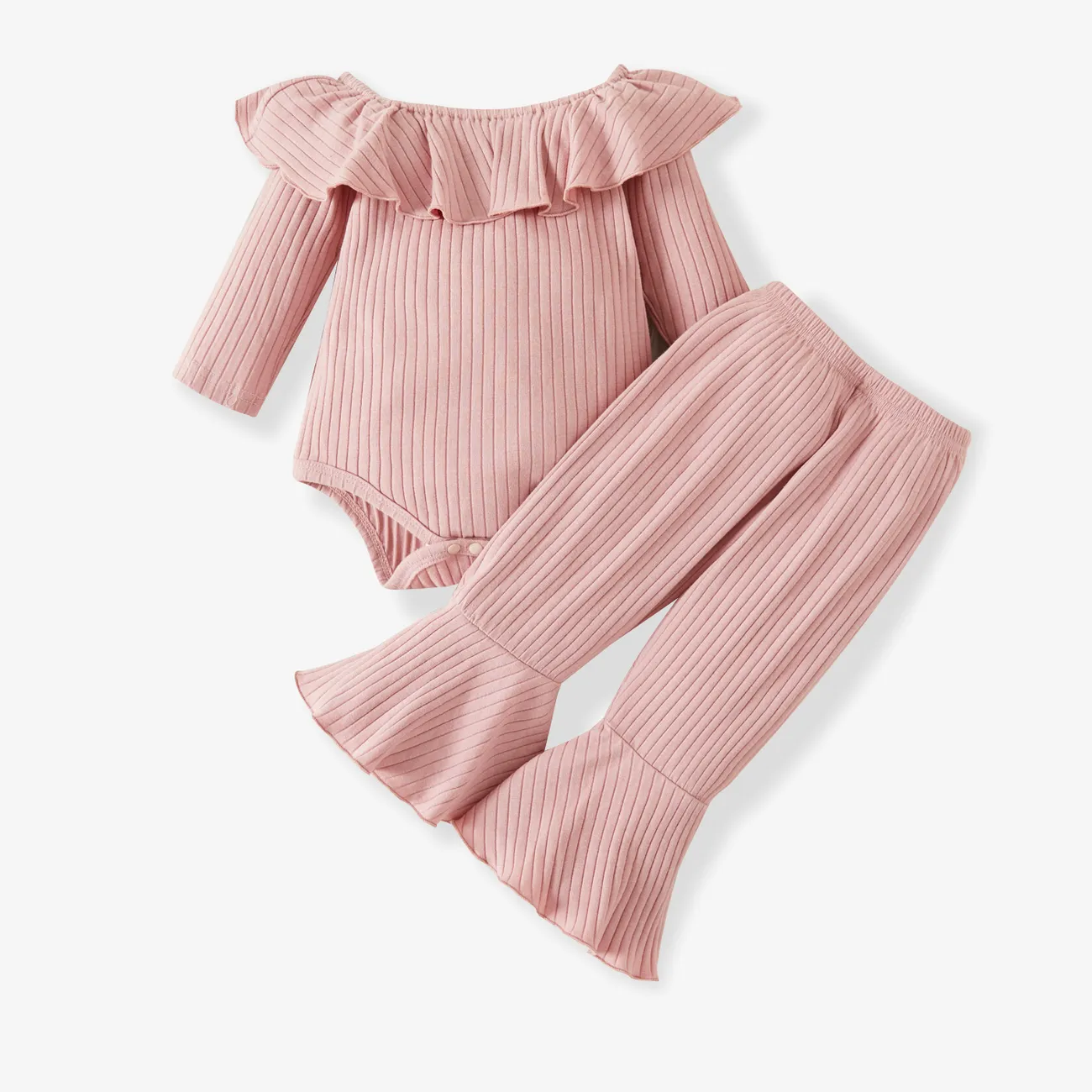 Baby Girl 2pcs Solid Ribbed Ruffle Long-sleeve Romper and Flared Pants Set Pink big image 1