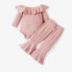 Baby Girl 2pcs Solid Ribbed Ruffle Long-sleeve Romper and Flared Pants Set Pink