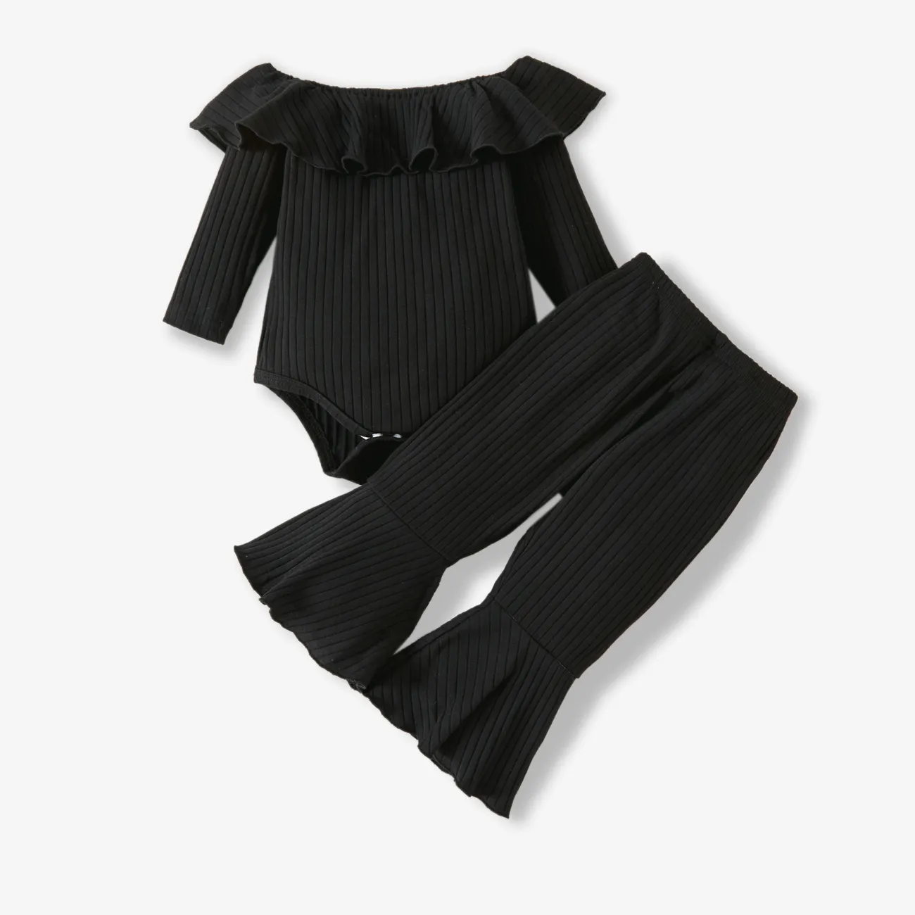 Baby Girl 2pcs Solid Ribbed Ruffle Long-sleeve Romper and Flared Pants Set Black big image 1