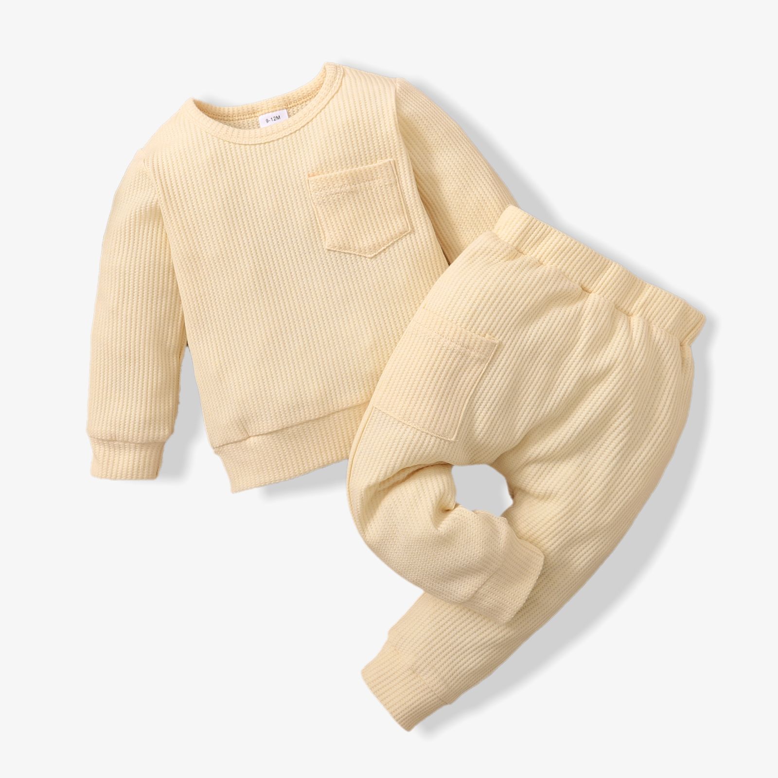 Baby 2pcs Cotton Waffle Solid Long-sleeve Pullover Set