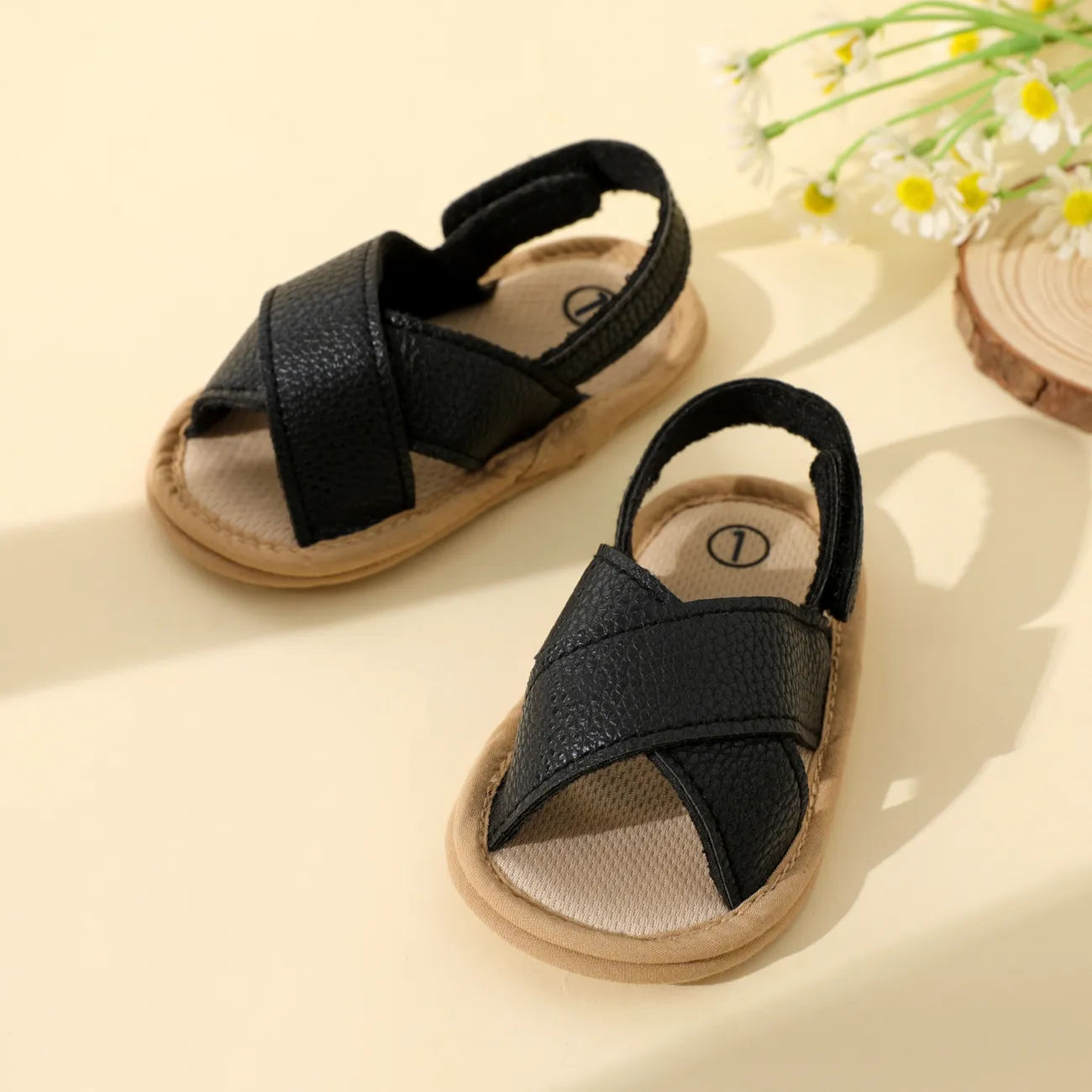 Baby / Toddler Crisscross Strap Slingback Open Toe Soft Sole Sandals Prewalker Shoes Black big image 1