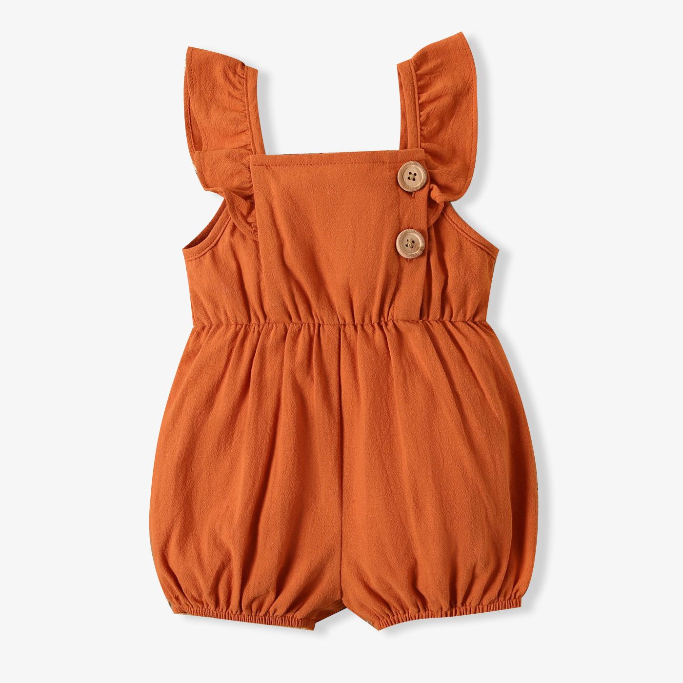 

Baby Girl 100% Cotton Brown/Multicolor Striped Sleeveless Ruffle Romper