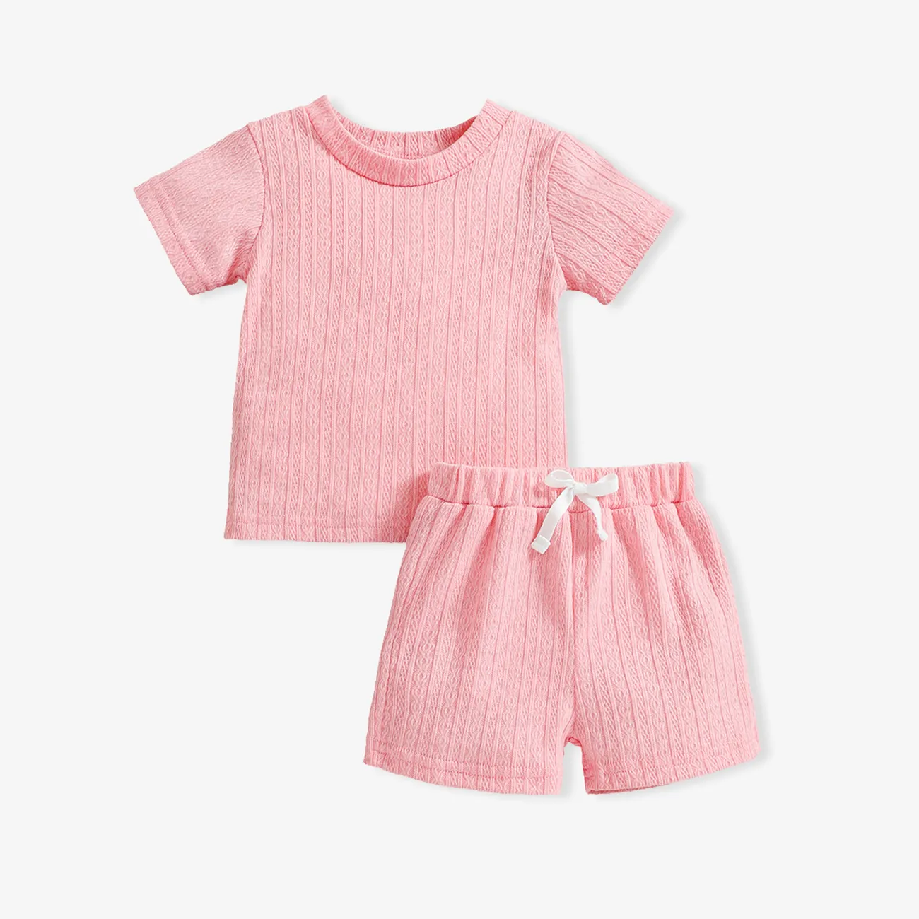 2pcs Baby Boy/Girl 95% Cotton Short-sleeve Solid Cable Knit Tee and Shorts Set Light Pink big image 1