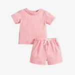 2pcs Baby Boy/Girl 95% Cotton Short-sleeve Solid Cable Knit Tee and Shorts Set Light Pink