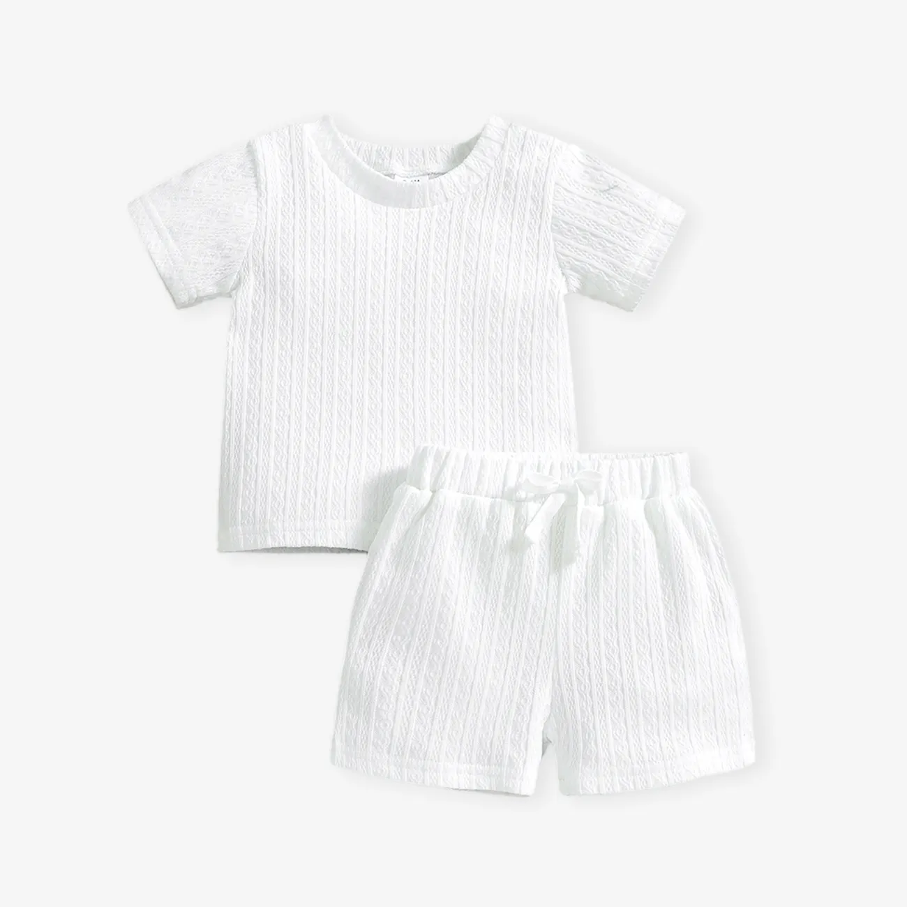 2pcs Baby Boy/Girl 95% Cotton Short-sleeve Solid Cable Knit Tee and Shorts Set White big image 1