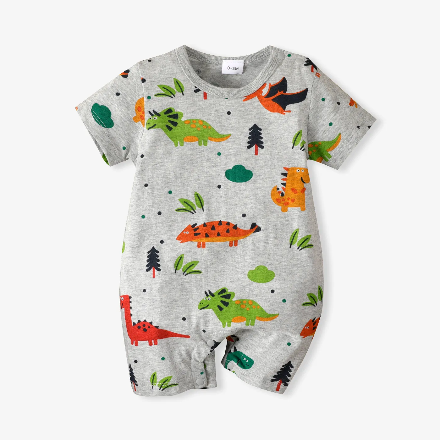 100% Cotton Baby Boy Allover Cartoon Dinosaur Print Short-sleeve Romper Grey