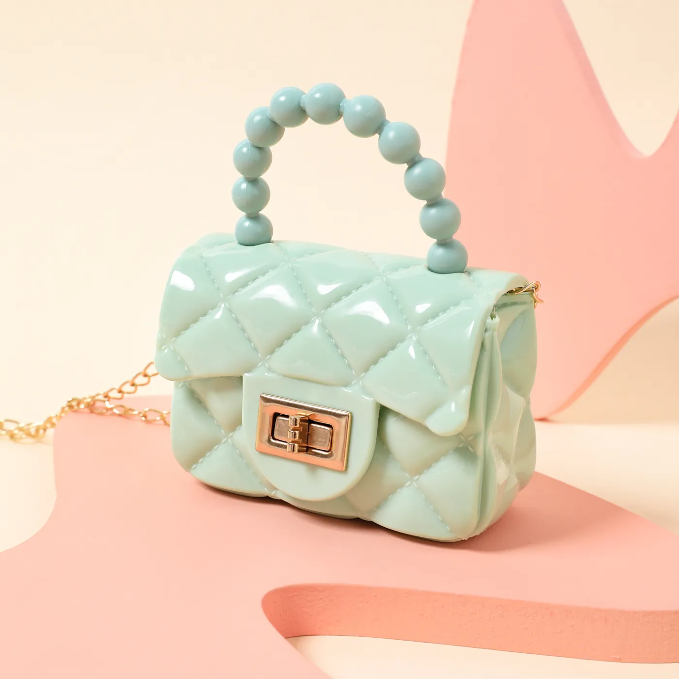 Bolso de mano con perlas lingge de geometría de color puro para niños pequeños/niños para niñas Verde