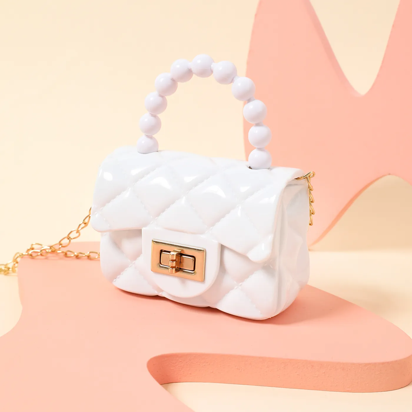 Bolso de mano con perlas lingge de geometría de color puro para niños pequeños/niños para niñas Blanco