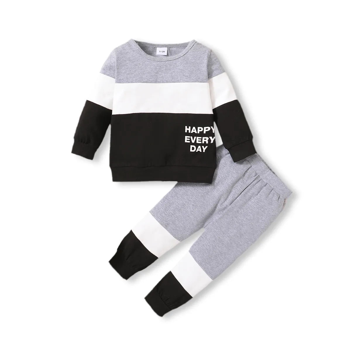 2pcs Baby Boy 95% Cotton Long-sleeve Letter Print Colorblock Sweatshirt and Pants Set Color block big image 1