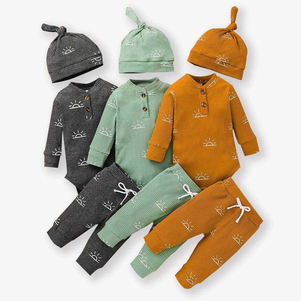 3-piece Baby Boy/Girl 95% Cotton Ribbed Long-sleeve Sun Print Button Design Romper and Elasticized Pants with Cap Set Green big image 1