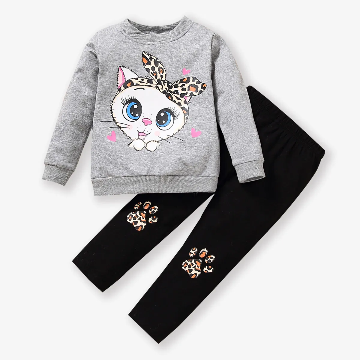 2-piece Toddler Girl Cat Print Pullover Sweatshirt and Leopard Print Pants Set  big image 1