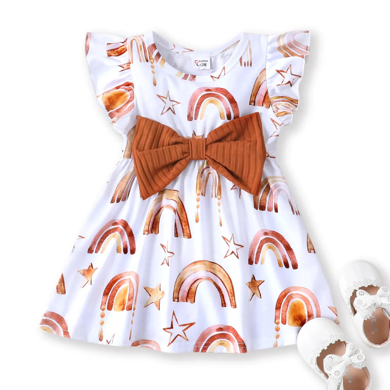 Baby Girl Rainbow&Star Print Ruffled Flutter-Sleeve Dress Color block big image 1