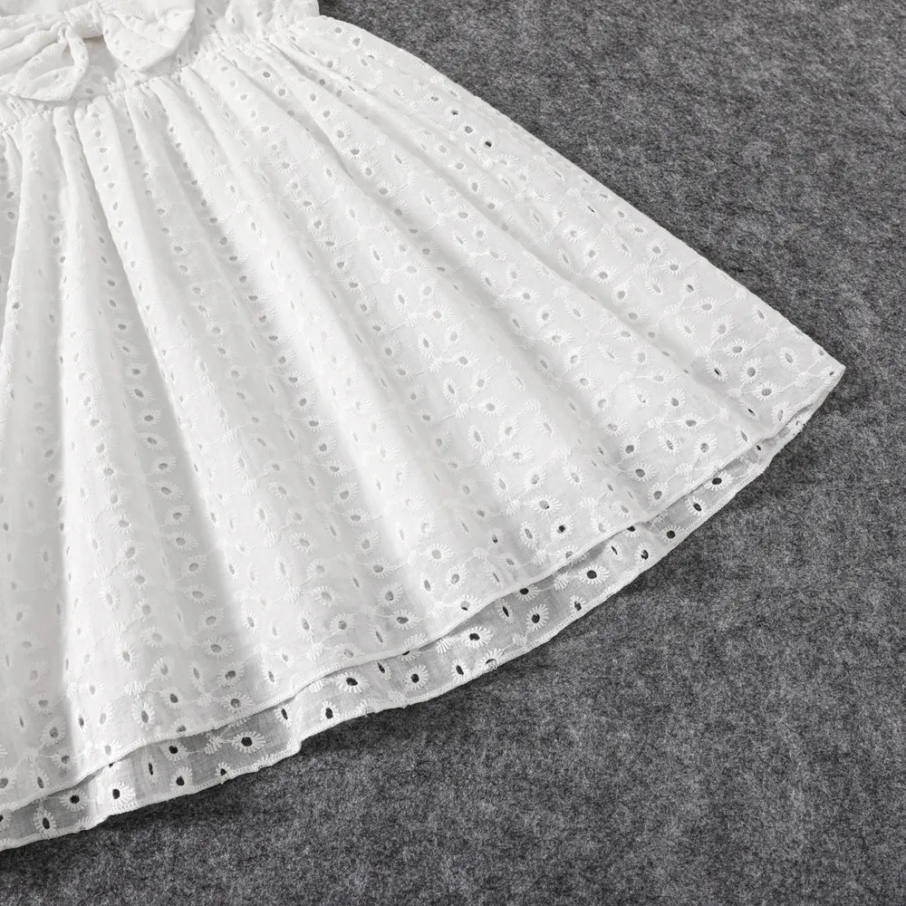100% Cotton White Hollow-Out Floral Embroidered Ruffle Sleeveless Dress for Mom and Me big image 13