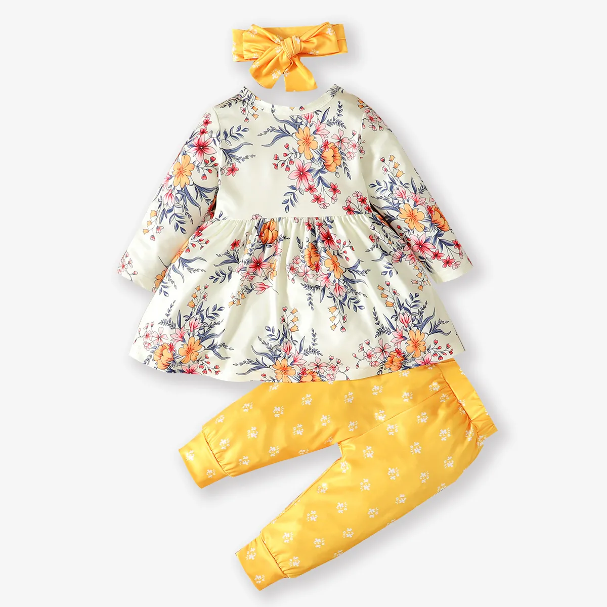 Baby 3pcs Floral Print White Long-sleeve Dress and Solid Trouser Set Yellow big image 1