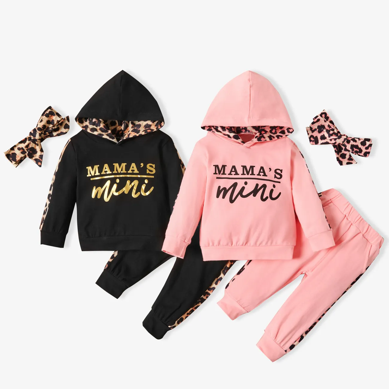 100% Cotton 3pcs Leopard and Letter Print Hooded Long-sleeve Baby Set Black big image 1