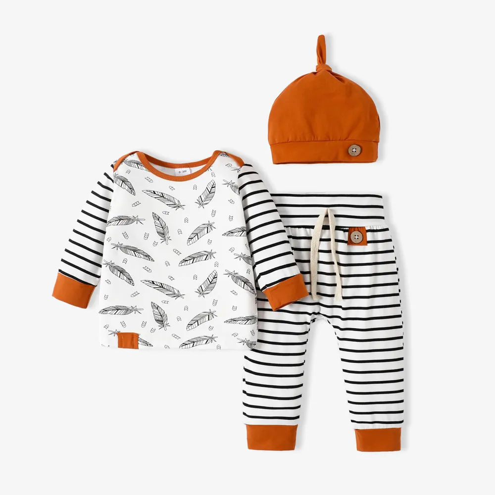 100% Cotton 3pcs Stripe and Feather Print Long-sleeve Baby Set  big image 1