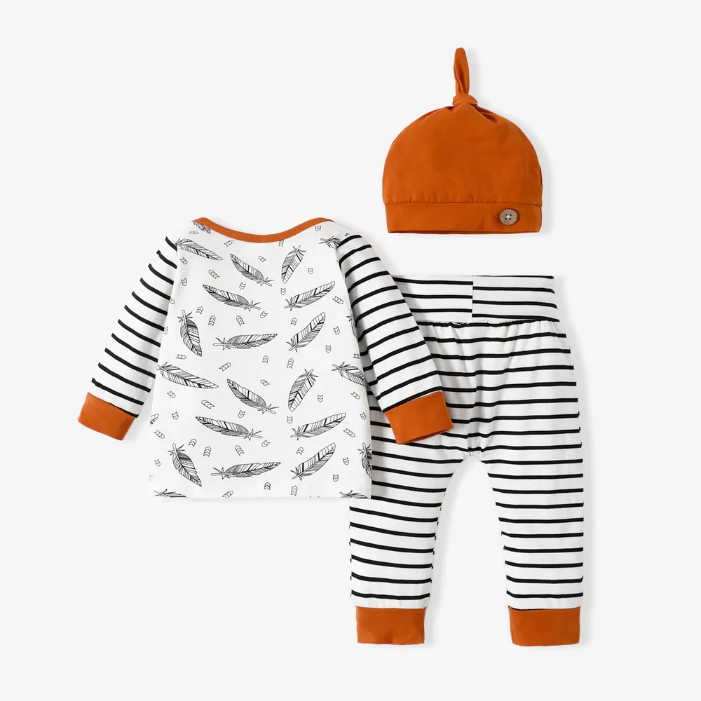 100% Cotton 3pcs Stripe and Feather Print Long-sleeve Baby Set  big image 2