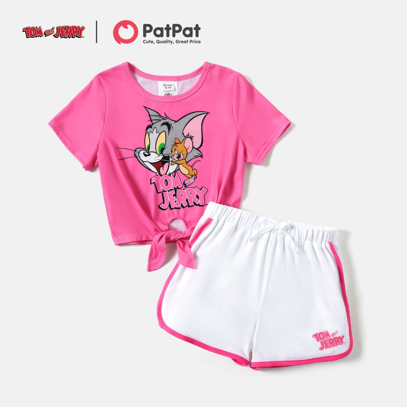 

Tom and Jerry 2pcs Kid Girl Tie Knot Short-sleeve Pink Tee and Letter Print White Shorts Set