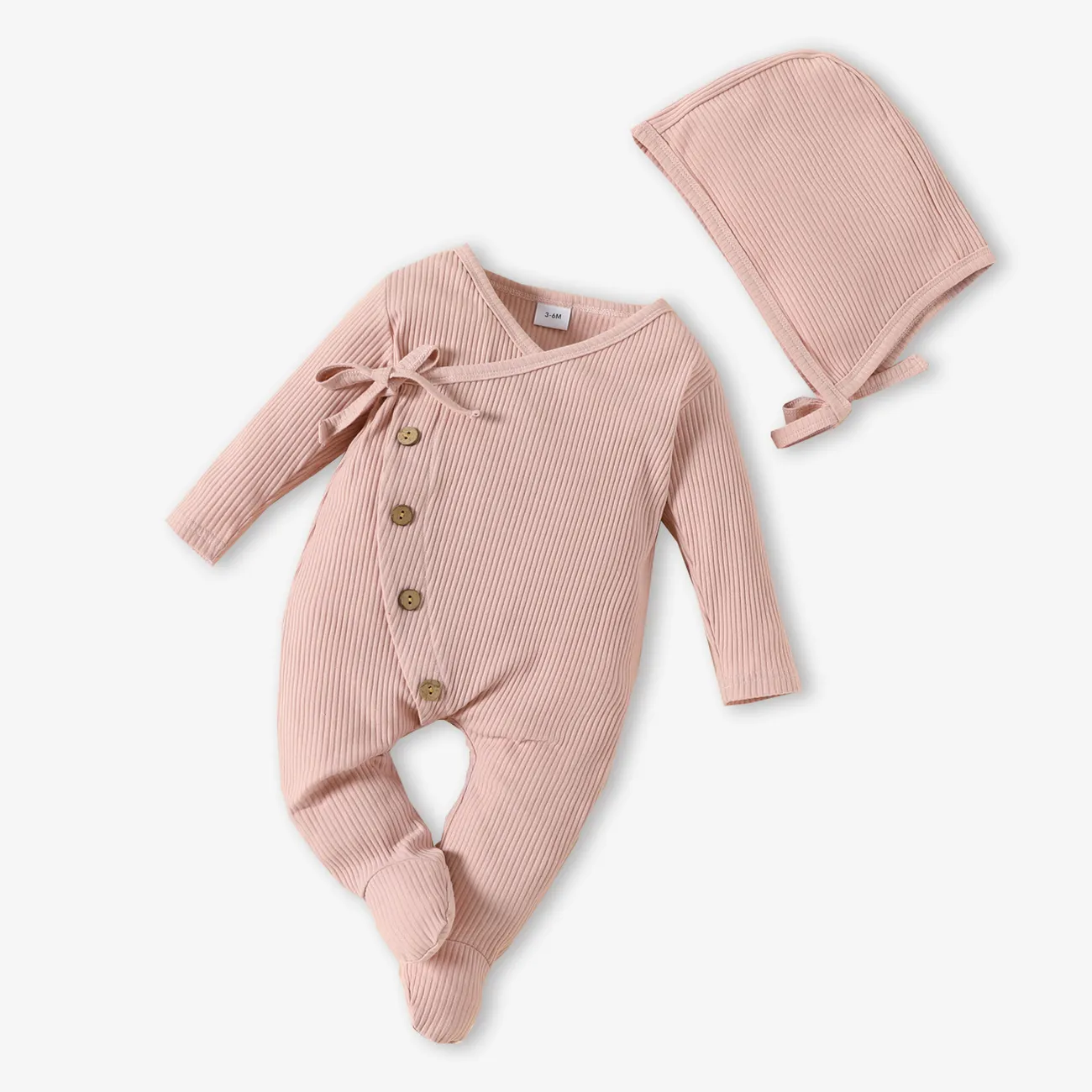2pcs Baby Cotton Ribbed Solid Long-sleeve Footed Jumpsuit Set Light Pink big image 1