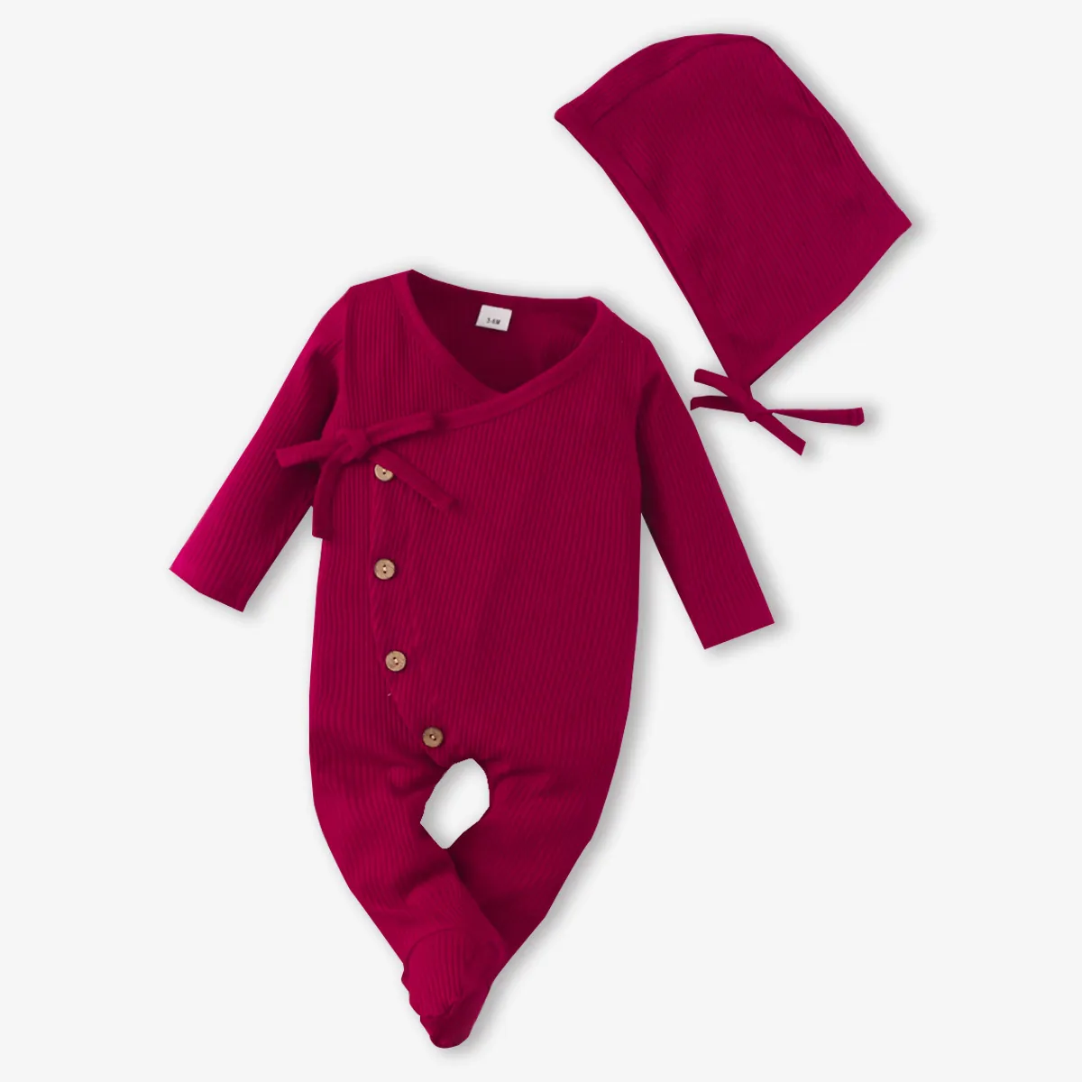 2pcs Baby Cotton Ribbed Solid Long-sleeve Footed Jumpsuit Set Burgundy
