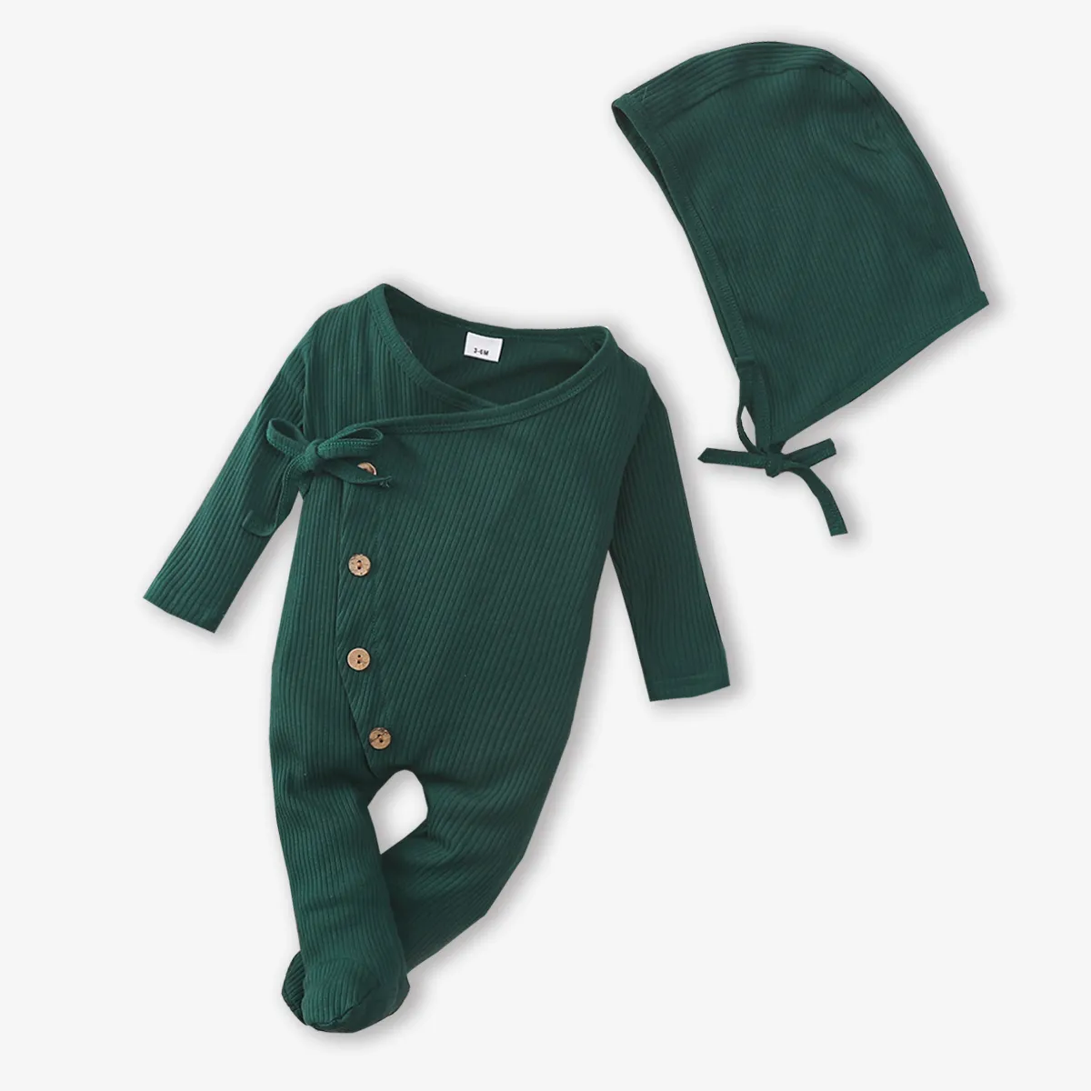 2pcs Baby Cotton Ribbed Solid Long-sleeve Footed Jumpsuit Set Green big image 1