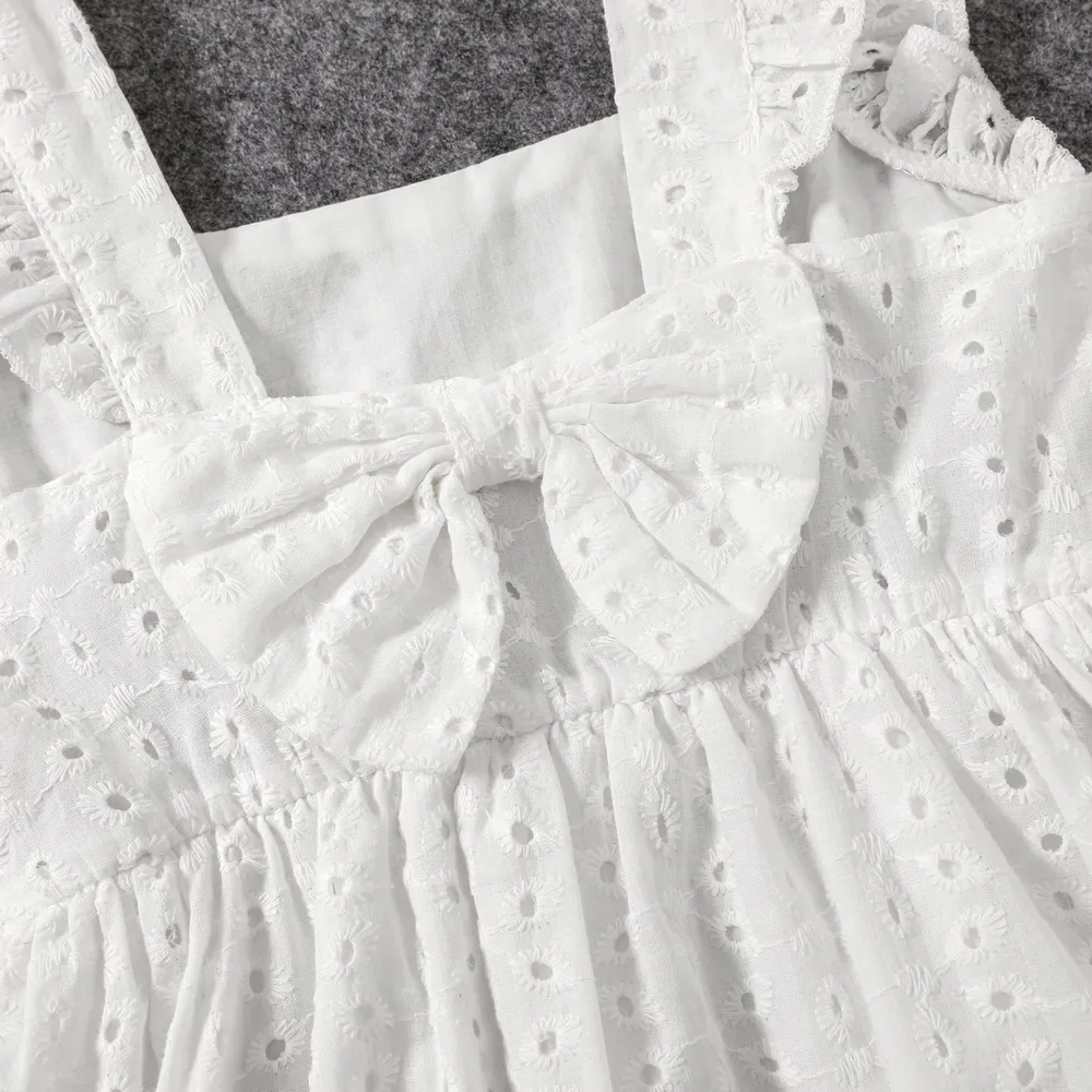 100% Cotton White Hollow-Out Floral Embroidered Ruffle Sleeveless Dress for Mom and Me big image 11