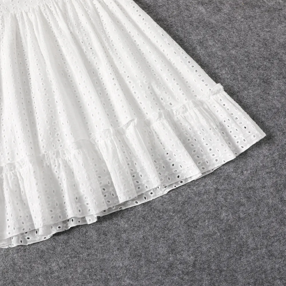100% Cotton White Hollow-Out Floral Embroidered Ruffle Sleeveless Dress for Mom and Me big image 17