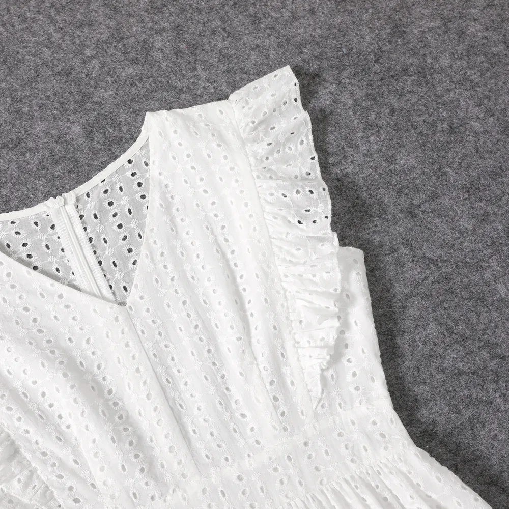 100% Cotton White Hollow-Out Floral Embroidered Ruffle Sleeveless Dress for Mom and Me big image 16