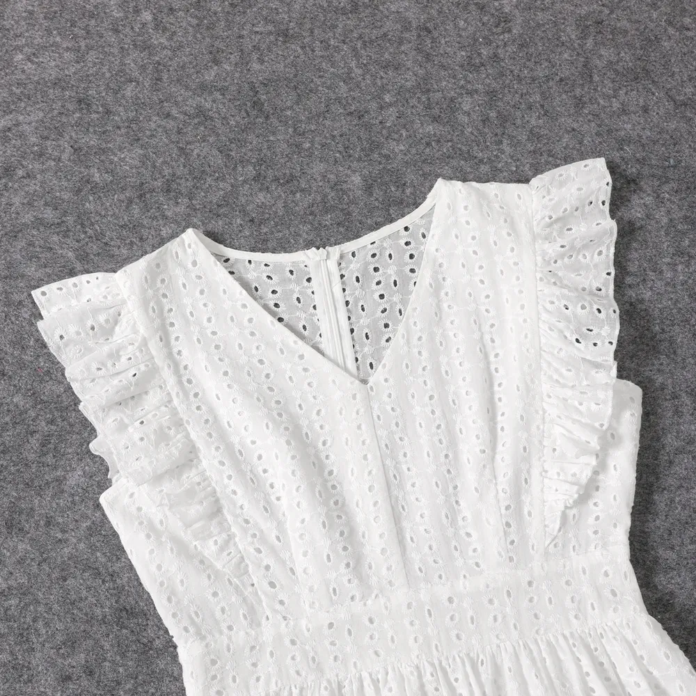 100% Cotton White Hollow-Out Floral Embroidered Ruffle Sleeveless Dress for Mom and Me big image 15