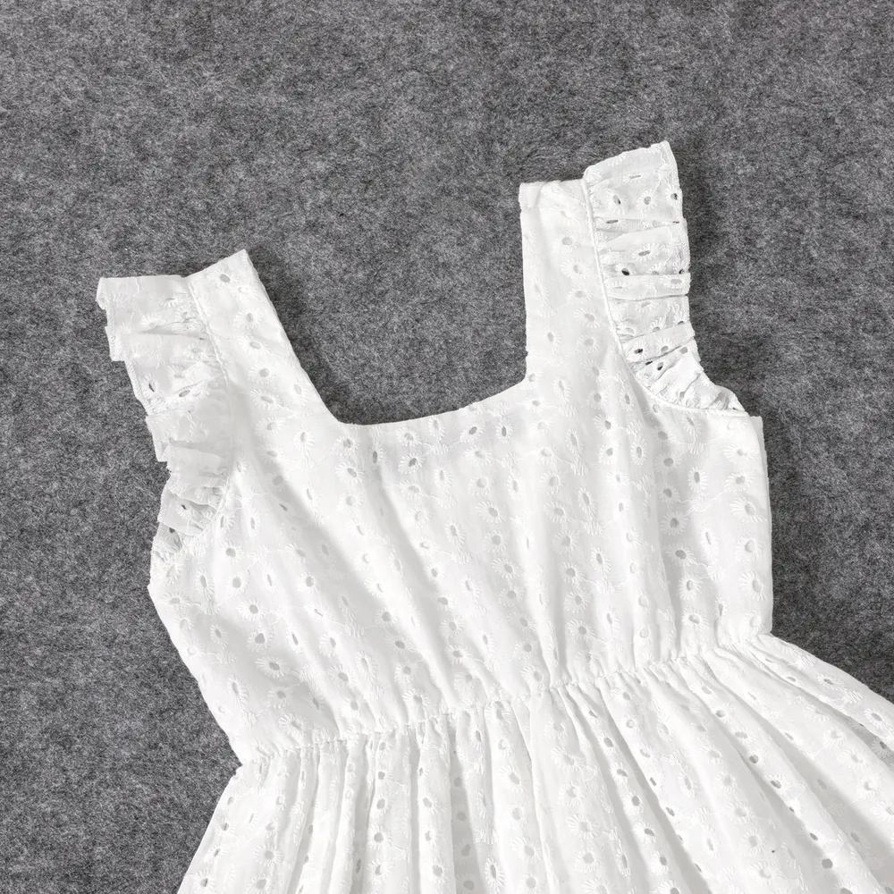 100% Cotton White Hollow-Out Floral Embroidered Ruffle Sleeveless Dress for Mom and Me big image 10