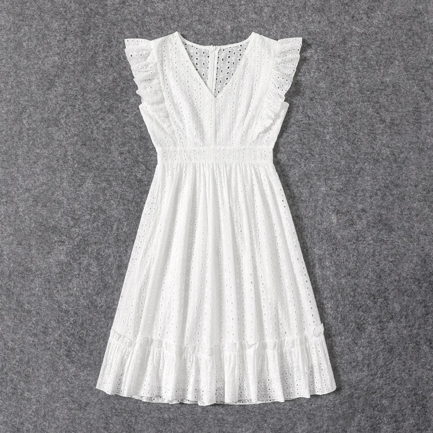 100% Cotton White Hollow-Out Floral Embroidered Ruffle Sleeveless Dress For Mom And Me