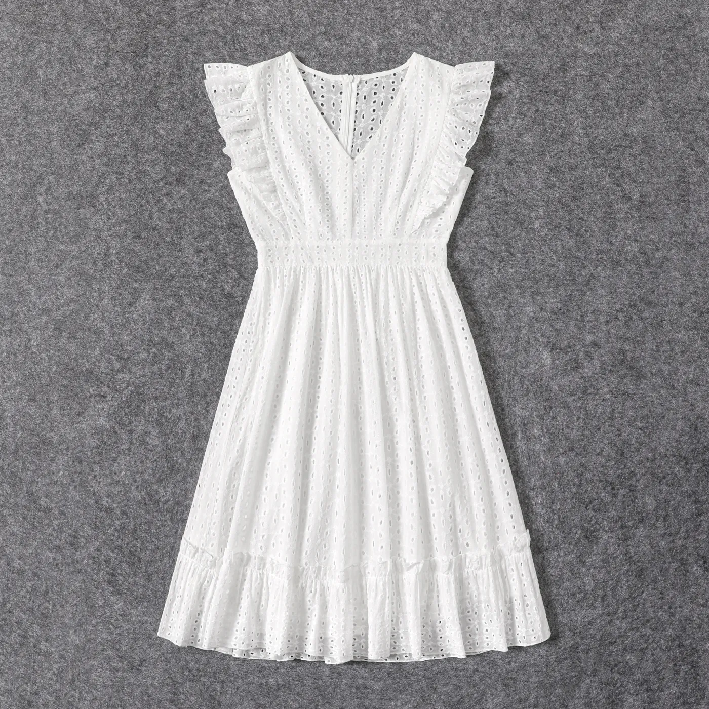 100% Cotton White Hollow-Out Floral Embroidered Ruffle Sleeveless Dress for Mom and Me  big image 14