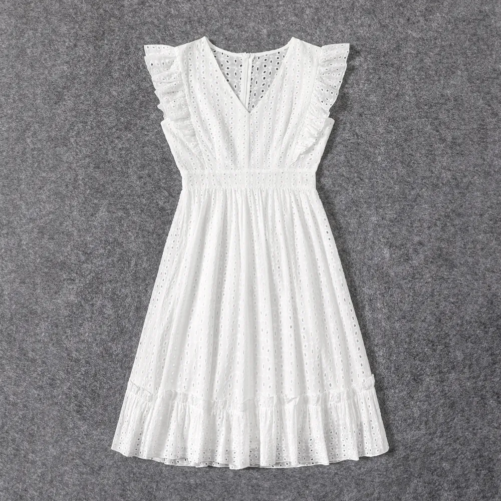 100% Cotton White Hollow-Out Floral Embroidered Ruffle Sleeveless Dress for Mom and Me  big image 14